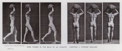 Den menneskelige figuren i bevegelse: Noen faser i turen til en idrettsutøver, som bærer en 75-punds steinblokk (s/hvitt-bilde) av Eadweard Muybridge