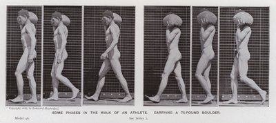 Den menneskelige figuren i bevegelse: Noen faser i turen til en idrettsutøver, som bærer en 75-punds steinblokk (s/hvitt-bilde) av Eadweard Muybridge