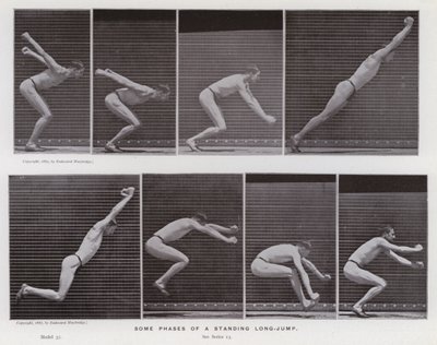 Den menneskelige figuren i bevegelse: Noen faser av et stående lengdehopp (s/hvitt-bilde) av Eadweard Muybridge