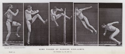 Den menneskelige figuren i bevegelse: Noen faser av å løpe høye hopp (s/hvitt-bilde) av Eadweard Muybridge