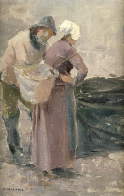 Husmoren ser på fiskernes fangst, ca. 1900 av Eanger Irving Couse