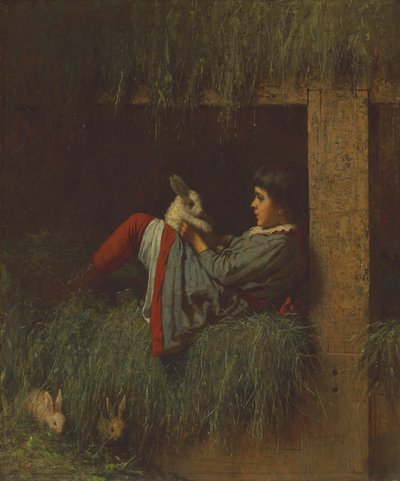 Barn som leker med kanin av Eastman Johnson