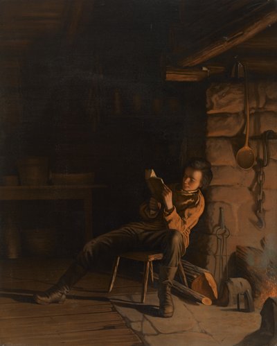 Boyhood of Lincoln. (An Evening in the Log Hut.), 1868 (kromolitografi på papir om bord) av Eastman Johnson
