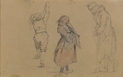 Tre nederlandske figurer, ca. 1852 (grafitt, wc og hvitt kritt på brunt papir) av Eastman Johnson