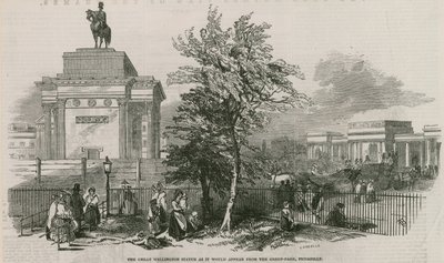 Den store Wellington-statuen og buen slik den ser ut fra Green Park, Piccadilly av Ebenezer Landells