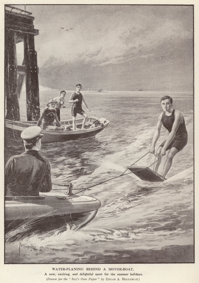 Vannplaning bak en motorbåt (litho) av Edgar Alfred (after) Holloway