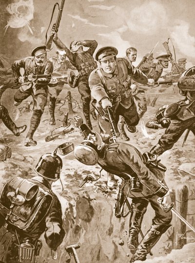 Korporal J. Davies og åtte menn dirigerte med bajonetten et parti tyskere som tidligere hadde omringet dem (litho) av Edgar Alfred Holloway