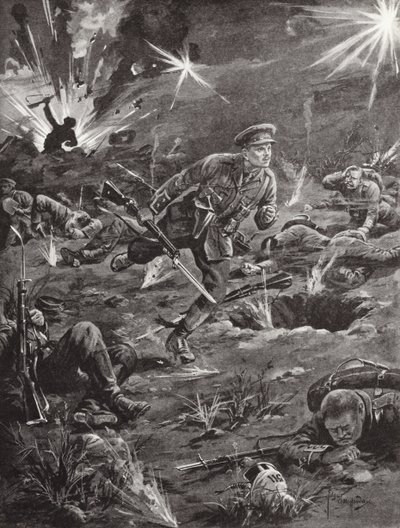 Løytnant Benjamin Geary skynder seg, under kraftig granatild, til en grøft til høyre for Hill 60 for å komme i kontakt med en offiser, Ypres, Belgia, april 1915 av Edgar Alfred Holloway