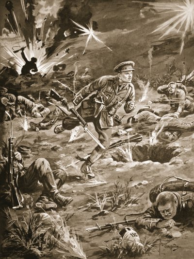 Løytnant Geary skynder seg, under kraftig granatbeskytning, til en grøft til høyre for Hill 60 for å komme i kontakt med en offiser av Edgar Alfred Holloway