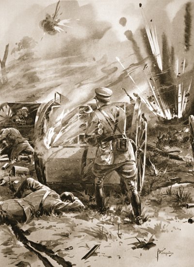 Major Warren fjerner patroner fra en brennende ammunisjonsvogn med stor personlig risiko av Edgar Alfred Holloway