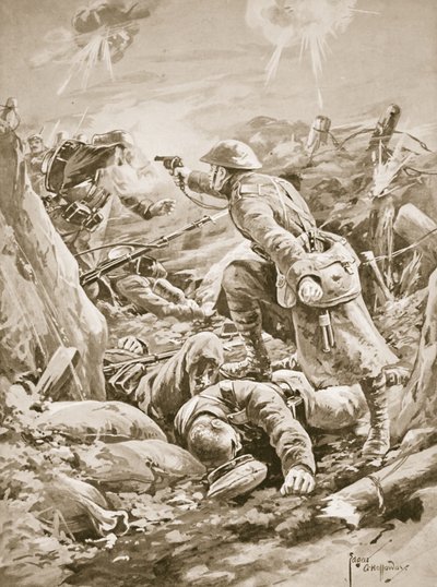 Menig (konstituert korporal) L. Clarke, enhånds, holder et parti tyskere i sjakk under et motangrep av Edgar Alfred Holloway