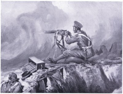 Menig Lynn dør av gassforgiftning, serverer et maskingevær og slår av et tysk angrep. Ypres april 1915 av Edgar Alfred Holloway