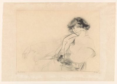 Ung kvinne med en sløyfe i håret sittende på en stol av Edgar Chahine (signed by artist)
