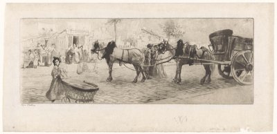 Utsikt over en bulevard med hester spent foran en vogn og en kvinne med barnevogn av Edgar Chahine