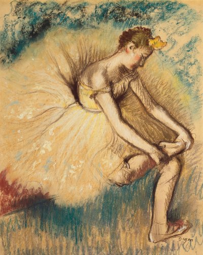 En danser tar på seg skoen; Danser Tiing her Shoe, 1896 av Edgar Degas