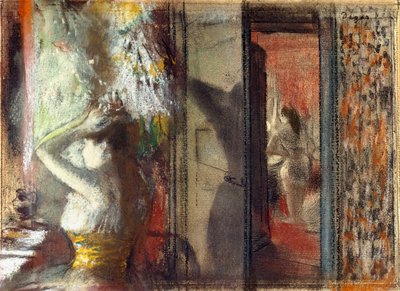 Skuespillerinner omkledningsrom, ca. 1885 (pastell over etsing på papir) av Edgar Degas