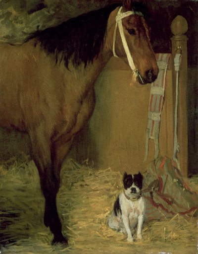 På stallen, hest og hund, ca. 1862 av Edgar Degas