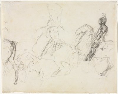 Kampscene med pansrede figurer på hesteryggen rettet mot to sittende kvinner verso, 1856-1860. av Edgar Degas