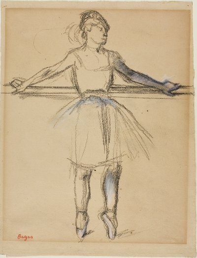Dancer at the Bar (on Point), c.1885 (charcoal with pastel and estompe on tan laid paper)   1426600   no       norwegian Successfully Translated  Original: Bellows with Relief, early 16th century. Translat: Bellows with Relief, early 16th century. 1136306  av Edgar Degas