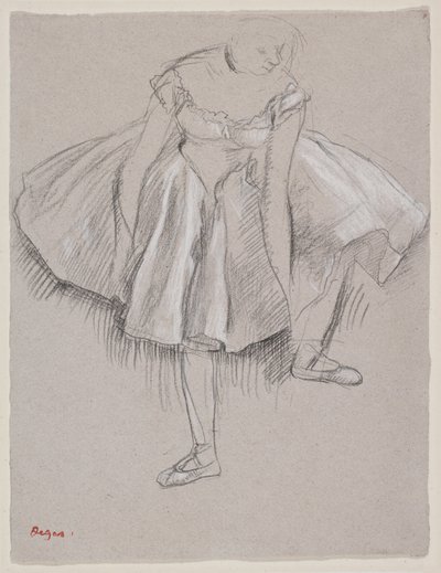 Danseuse rajustant son chausson, tidlig på 1880-tallet (kull og pastell på papir) av Edgar Degas