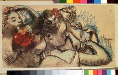 Dansere. Ballerinaer (stjernedansere) tilpasser antrekket i garderobene (backstage) før de går til dans på scenen. Tegning av Edgar Degas (1834-1917) av Edgar Degas