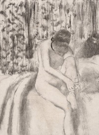 Jente tar på seg strømper, 1876-77. av Edgar Degas