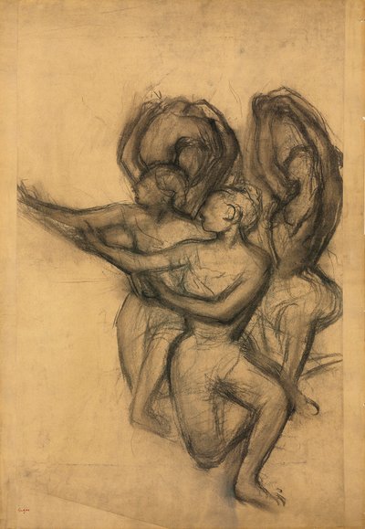 Gruppe av dansere, ca. 1895-1900 (kull på sammenføyd papir lagt ned om bord) av Edgar Degas