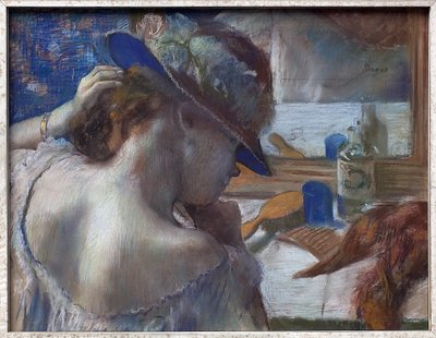 Foran speilet. Verk av Edgar Degas (1834-1917), pastell rundt 1889. Fransk kunst av Edgar Degas