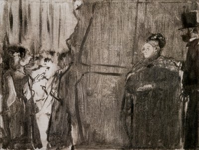 Møt Ludivic Halevy og Madame Cardinal bak kulissene. Rundt 1876-1877. Monotype har svart blekk. av Edgar Degas