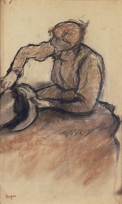 Milliner trimmer en hatt, ca. 1898 av Edgar Degas