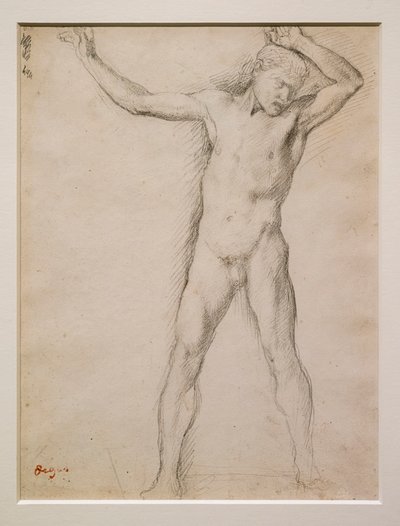 Nakent ansikt, armer hevet, ca 1859-1861. Grafitt på velinpapir. av Edgar Degas
