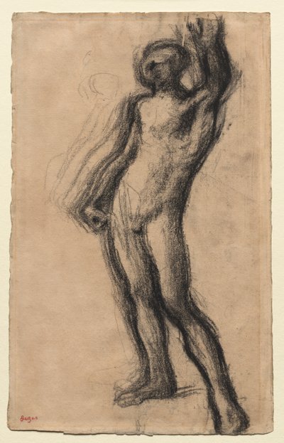 Naken mann stående, med venstre hånd hevet, ca. 1900. av Edgar Degas