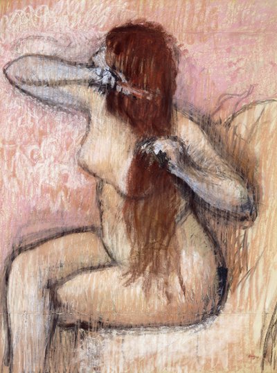 naken sittende kvinne som ordner håret hennes; Sittende naken kvinne som kjemmer håret, ca. 1887-1890 av Edgar Degas