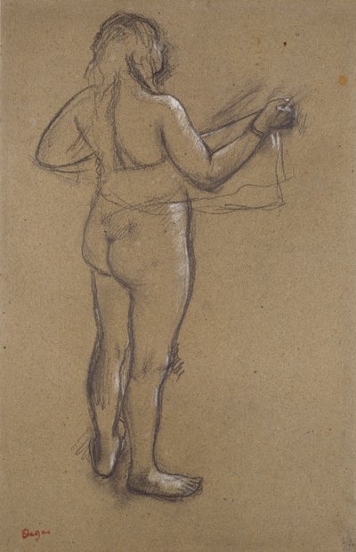 Naken kvinne som tørker seg med et håndkle, sett bakfra, sent på 1800-tallet av Edgar Degas