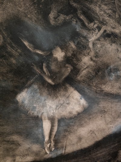 The Master of Ballet (detalj) (utført i samarbeid med Ludovic Lepic). 1876. Monotypi i svart blekk med hvite kritthøydepunkter av Edgar Degas