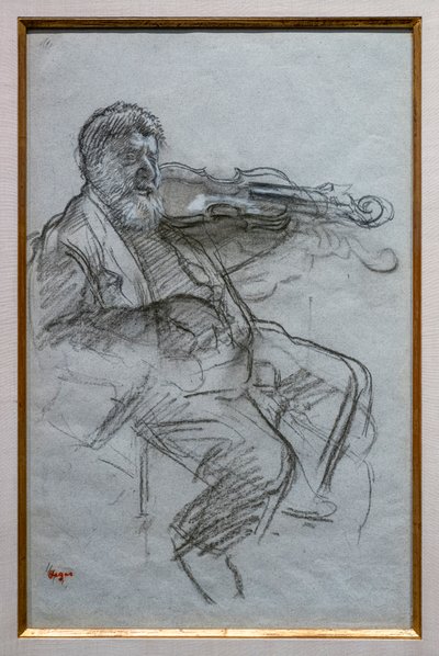 Fiolinisten. 1879. Kull og hvite kritthøydepunkter på blågrått papir. Boston, Museum of Fine Arts, William Francis Warden Fund. av Edgar Degas