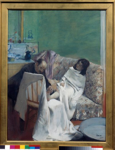 Pedikyren En lege undersøker en ung kvinnes føtter. Maleri av Edgar Degas (1834-1917). 1873. Dim 0,61 x 0,46 m. Paris, Musee d