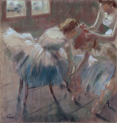 Three Dancers Preparing for Class, ca. 1880 (pastell på brunfarget vevd papir) av Edgar Degas