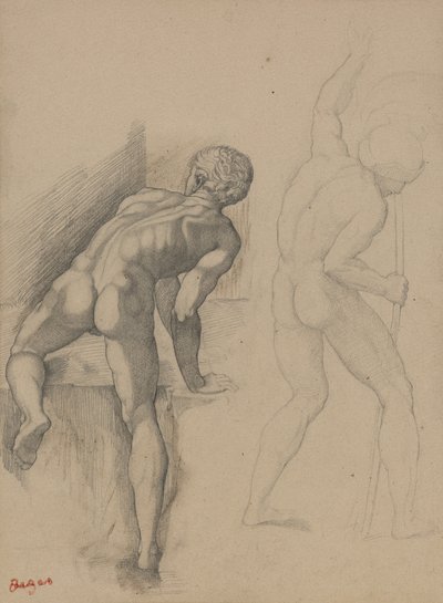To nakne menn, 1856-57 (grafittblyant på mørkt krempapir) av Edgar Degas