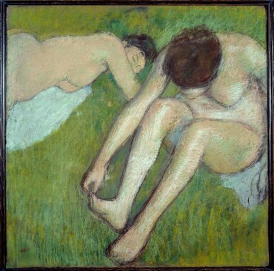 To badende på pastellgress på brunt papir av Edgar Degas (1834-1917) 1890 Søn. 0,7x0,7 m Paris, Musee d