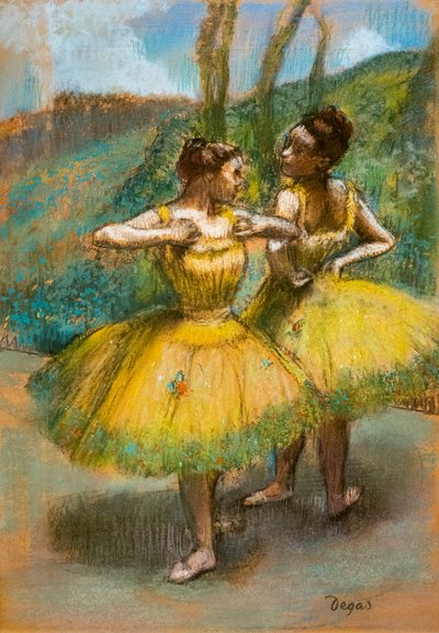 To dansere i gult. Rundt 1896. Pastell og kull på to papirstrimler. av Edgar Degas