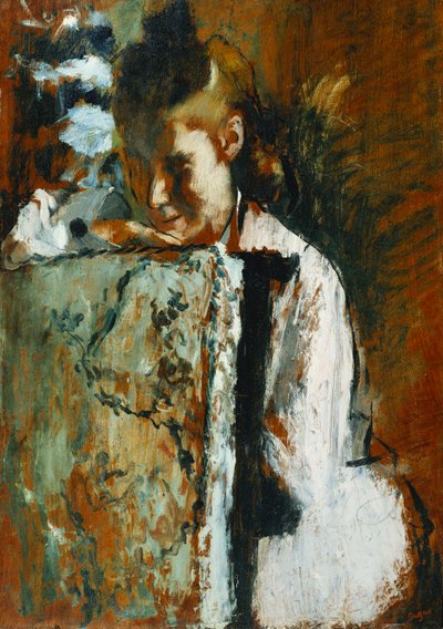 Ung jente som sitter lener seg mot stolryggen; Ung jente som sitter lent på baksiden av en lenestol, ca. 1889 av Edgar Degas