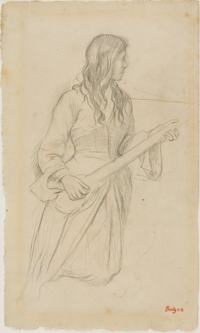Ung kvinne som spiller mandolin, studere for portrett av Mlle. Fiocre i balletten "La Source" av Edgar Degas