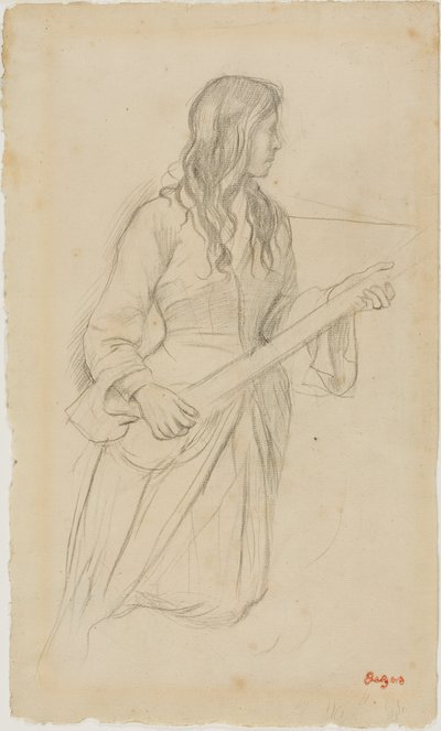 Ung kvinne som spiller mandolin, studie til portrett av Mlle. Fiocre i balletten «La Source» av Edgar Degas