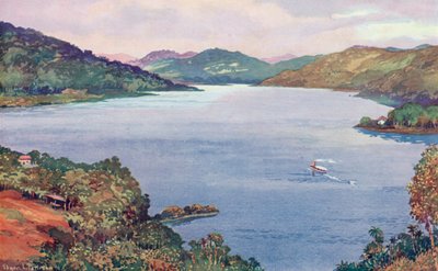 Et glimt av den store kunstige innsjøen ved Ribeirao das Lajes, bygget av Rio de Janeiro Tramway, Light and Power Company (farge litho) av Edgar L. Pattison