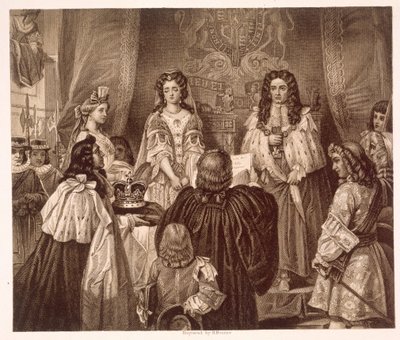 Kronen tilbudt William og Mary av Lords and Commons i Whitehall 12. februar av Edgar Melville (after) Ward