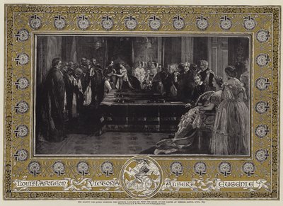 Hennes Majestet Dronningen investerte keiser Napoleon III med strømpebåndsordenen ved Windsor Castle, april 1855 av Edgar Melville Ward