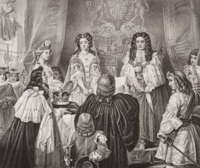 Kronen tilbudt William og Mary av Lords and Commons i Whitehall, 12. februar 1689, fra `Illustrations of English and Scottish History