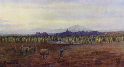 Nord-Spania: Benavente, fra over broen til Castro Gonzalo (farge litho) av Edgar T. A. Wigram