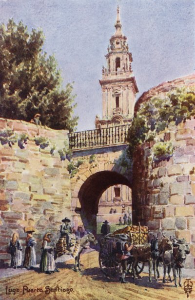 Nord-Spania: Lugo, Santiago-porten (farge litho) av Edgar T. A. Wigram